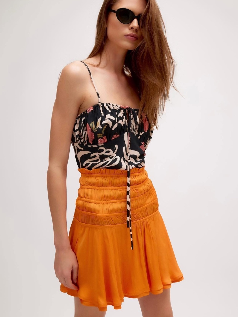 NWOT R.G. Kane oranfe ruffle miniskirt women’s sz S